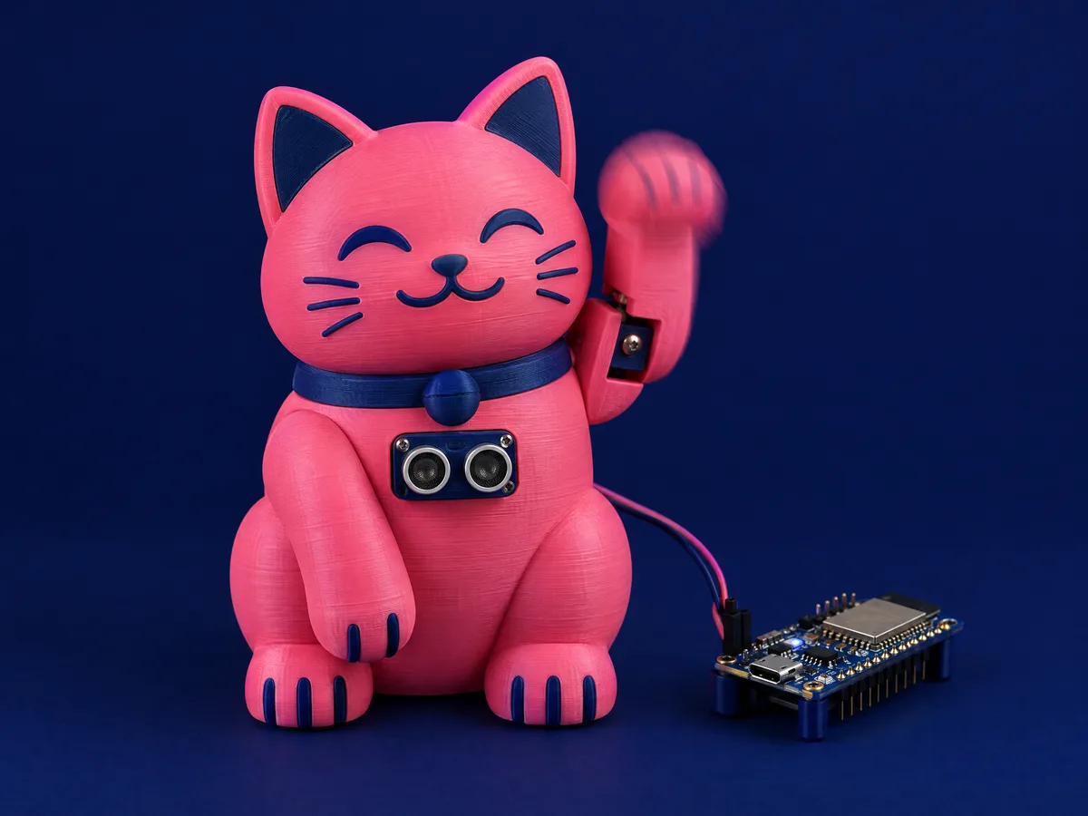 Concept render of a pink 3D-printed waving cat toy with a distance sensor and servo